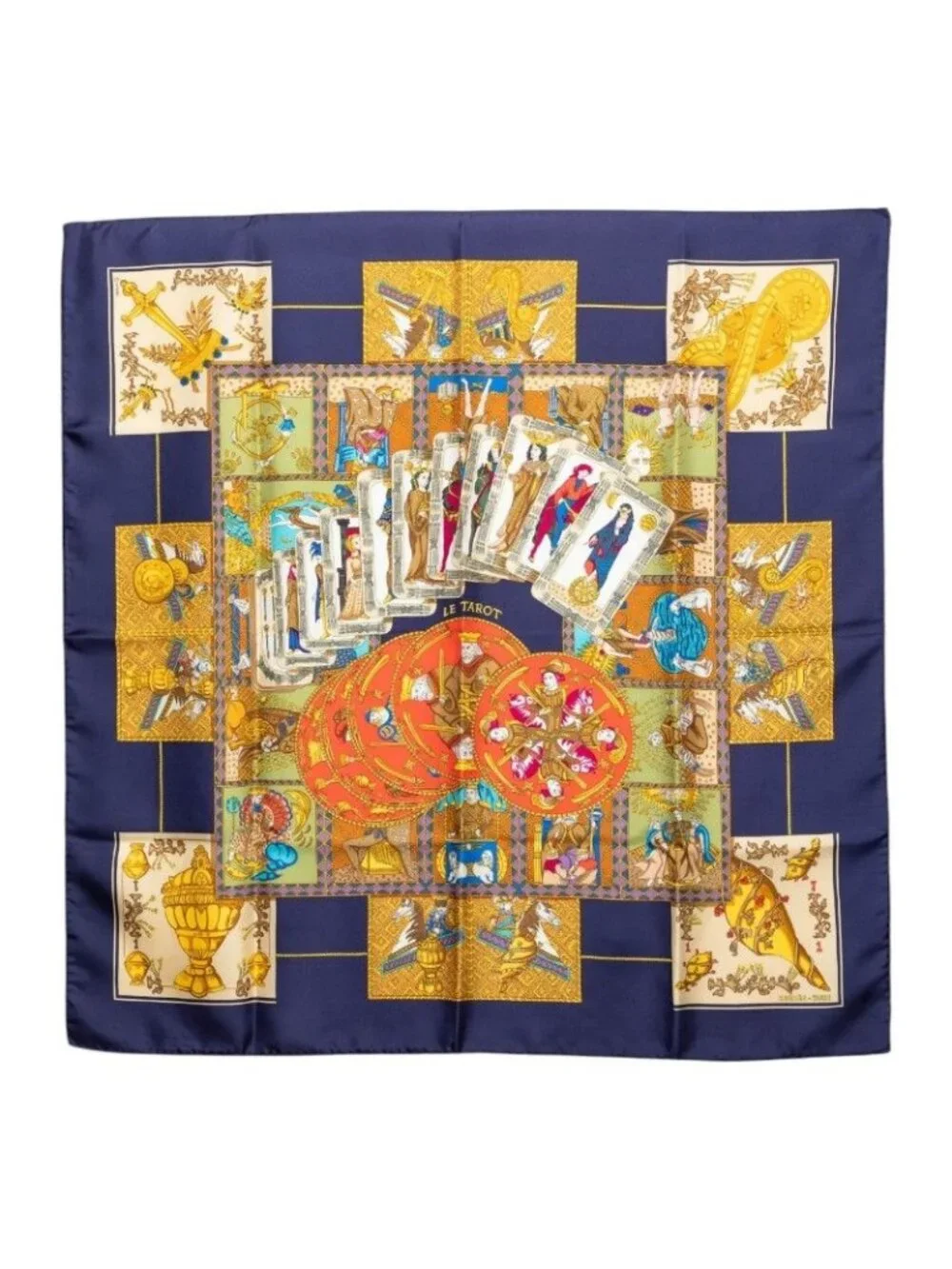 Hermes Carre 90 le Tarot Card Scarf Navy Multicolor Silk
